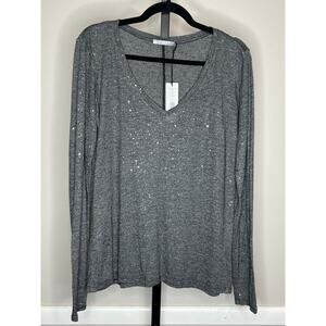 Michael Stars Splatter Foil V Neck Long Sleeve Tee Black OS NWT